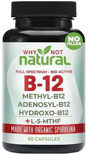 Why Not Natural Vitamin B12 5000 mcg Supplement with Methylcobalamin, Adenosylcobalamin and Hydroxy B12 Complex with Methylfolate 1000 mcg, L-5-MTHF, Made with Organic Spirulina