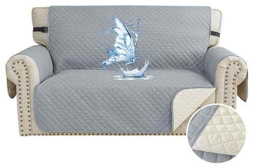 CYCMACO Wasserdicht Sofa Überzug 2 Sitzer, Couch Bezug Haustier Katze Hunde, Sofaschoner rutschfest, Universal Couchüberzug Waschbar, Sofa Covers Mit Armlehnen, Hellgrau