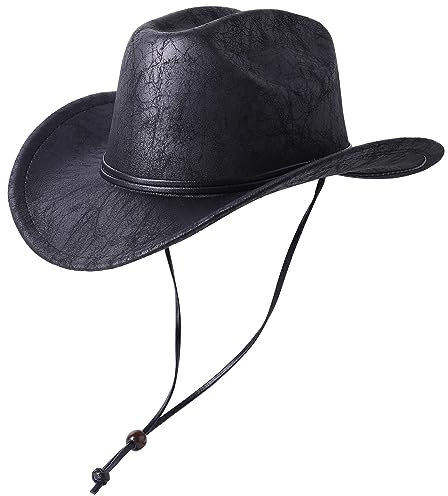 Lanzom Women Men Western Hat Cowboy Hat Cowgirl hat Wide Brim Hat with Lanyard (B-Black, One Size)
