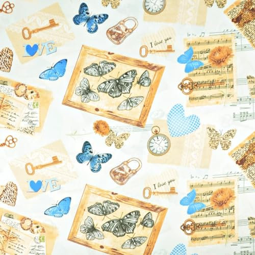 Textrend Baumwollstoff Stoffe Meterware - Stoff zum Nähen - 100% Baumwolle - Textilien 1x1.6m - Stoff mit Vintage-Muster (Vintage-Souvenirs mit blauen Schmetterlingen auf weißem Hintergrund)