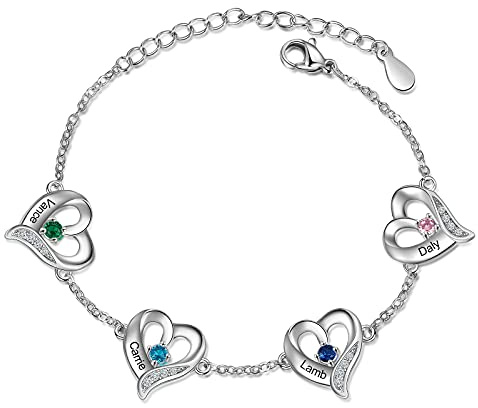 lorajewel Personalisiertes Damenarmband mit Geburtsstein Name Herz-Armband Silber Geschenk für Muttertag Valentinstag Weihnachten