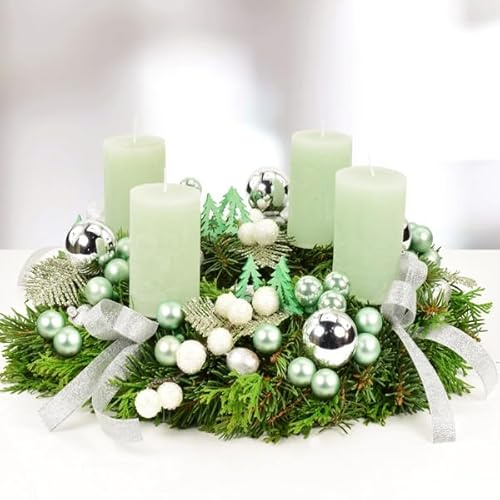 Frischer Premium-Adventskranz Weihnachtswald in Mintgrün-Silber, handgebundener Kranz aus echter Nobilistanne, Durchmesser 30 cm, mit 4 hochwertigen Rustikkerzen, Adventszeit & Weihnachtsdekoration