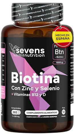 Biotin hochdosiert 10.000 mcg - Biotin Zink Selen B12 - Tabletten für Haarwuchs, Haut & Nägel, 365 Tabletten für 1 Jahr, Nahrungsergänzung ohne Zusatzstoffe - Sevens
