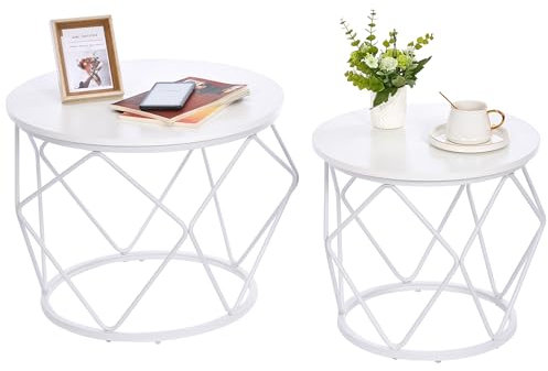 Hzuaneri Couchtisch rund, 2er Set Beistelltische, Beistelltisch-Set mit Metallrahmen, Kleiner Beistelltisch für Wohnzimmer, Schlafzimmer, Büro, Weiß CT18703W