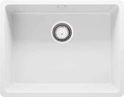 PRIMAGRAN Lavello da Cucina Bianco 56x44cm, Lavandino in Granito a 1 vasca + Sifone Classico, Lavabo Incasso al mobile 60cm - Venezia Slim Easy S038