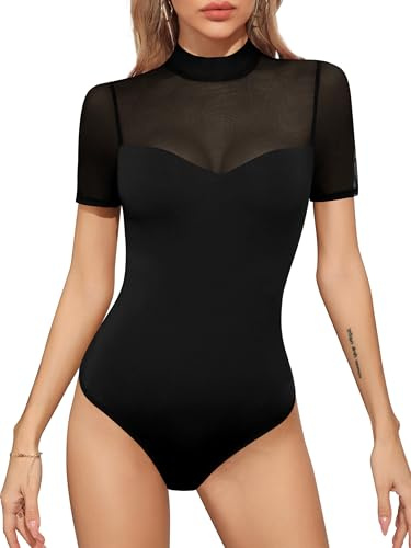 Missufe Damen Elegant Sommer Kurzarm Mesh Body Oberteil T Shirt Top (schwarz, groß)