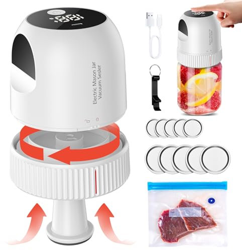 Electric Mason Jar Vacuum Sealer Kit - 3 in 1 Automatic Vacuum Sealer for Wide & Regular Mouth Mason Jars Vacuum Bags, Rechargeable Portable Vacuum Sealer for Jars for Food Storage