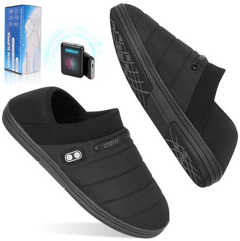 BIAL Pantofole riscaldate di peluche, Pantofole riscaldate Scaldapiedi senza fili Pantofoles elettriche invernali con batteria ricaricabile 5000mAh Uomini Donne, Nero Scuro, L (42.5-45.5)