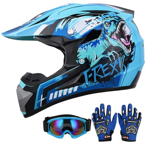 DOT Youth Dirt Bike Helmet with Goggles & Gloves for 5-14 Years Old, Youth ATV Helmets for Youth Boys Girls, Four Wheeler Helmet, Motocross BMX MX UTV Offroad Street Go Kart Dirt Bike Race Car