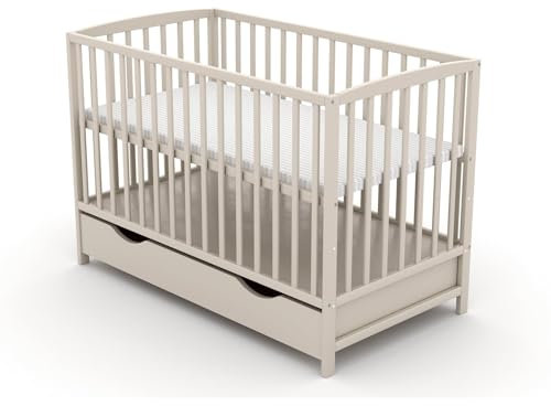 Generisch Baby Delux Babybett 60x120 cm Schutzgitter Schublade und Matratze Milo Taupe 3-Fach höhenverstellbar Massivholz Schlupfsprossen (mit Komfort Matratze 60x120x9 cm)