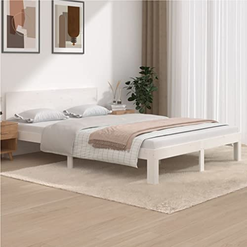 Myheimly Massivholzbett, Bett Holzbett für Schlafzimmer, Bettgestell Bettrahmen mit Kopfteil Lattenrost,Schlafzimmerbett,Weiß,140 x 200 cm