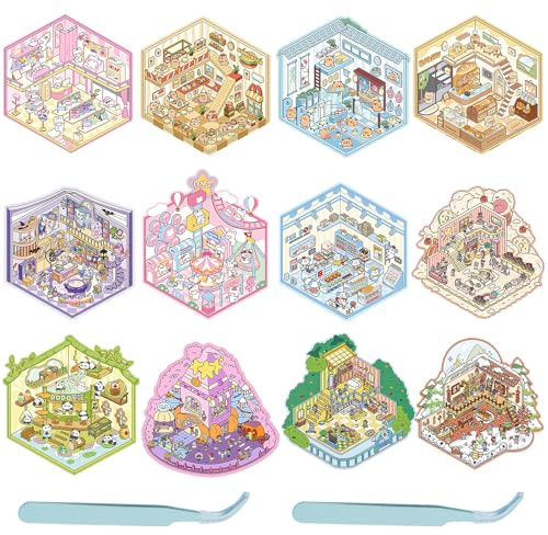 12 Sets DIY 3D House Stickers,Sticker Room Book,Fun DIY Stickers Scene,Wiederverwendbar DIY 3D Hausaufkleber Set,Bauen Sie Ihr Eigenes Zuhause,für Kinder Erwachsene,mit 2 Pinzetten