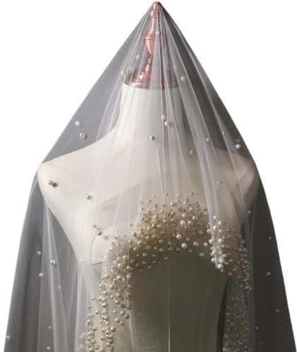 300 cm Perlen Hochzeitsschleier 1 Lage Langer Kathedralenschleier mit Perlen Mantilla Tüll Kristall Brautschleier Haarschmuck(Weiß)