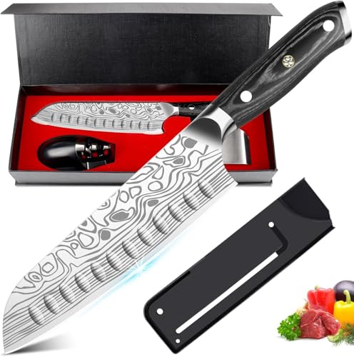 Cutiore Santoku Messer 18 cm Japanisches Küchenmesser Chefmesser aus EN 1.4116 Edelstahl Scharfe Klinge mit Ergonomischer Micarta-Griff Messerschärfer