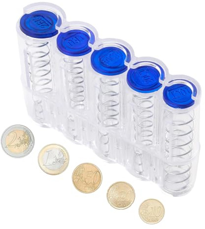 Münzbox mit 5 Fächern, Transparentes münzhalter auto, Kleingeldsortierer für 2€, 1€, 50 Cent, 20 Cent und 10 Cent, Robuste Kunststoffkonstruktion