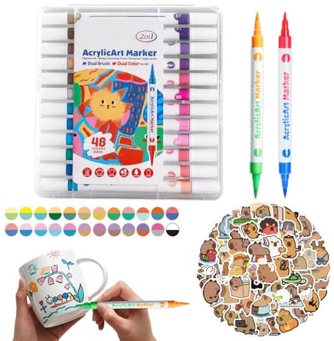 Pluvyze 24 Stück Porzellanstifte,48 Farben Keramikstifte Spülmaschinenfest,40 Capybara-Aufkleber,Keramik Stifte,Geeignet für Glas-,Stein- und Keramikkreationen,DIY-Bastelarbeiten