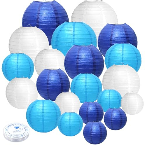 21 Pcs Blue Paper Lanterns Party Decorations, 4/6/8/10 Inch Round Chinese Hanging Paper Lanterns for Wedding, Birthday, Baby Shower, Graduation, Classroom Ceiling Decorations Indoor Outdoor