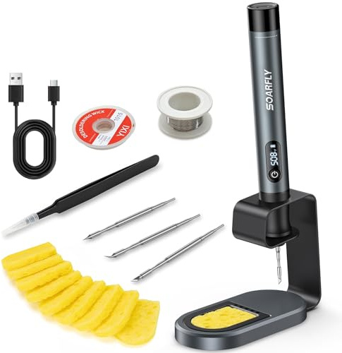 SOARFLY Cordless Soldering Iron Kit with LED Display, 7s Fast Heat-up, 392–842°F Adjustable Temp, Auto Sleep, 3 C210 Tips, USB-C Portable Soldering Pen for Precision Repair & DIY