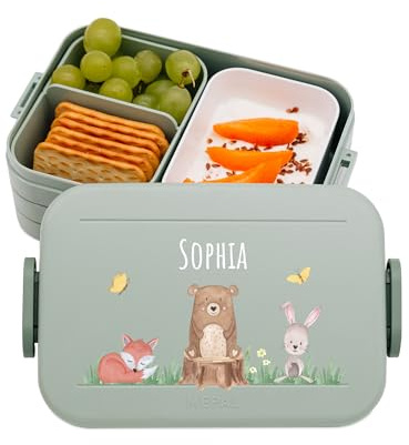 wunderwunsch MEPAL Brotdose Spülmaschinenfest Kinder, Lunchbox mit Einsatz für perfekte Ordnung, Spülmaschine, Mikrowellengeeignet, personalisiert mit niedlichem Motiv (Tiere Wald, grün)