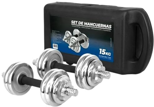 Set de Mancuernas Pesas Discos 2 pesas 15kg Totales 7.5kg cada pesa de Acero Cromado con Cierre de Estrella para Regular el Peso, Equipo de Fitness para el Hogar incluye, maleta incluida