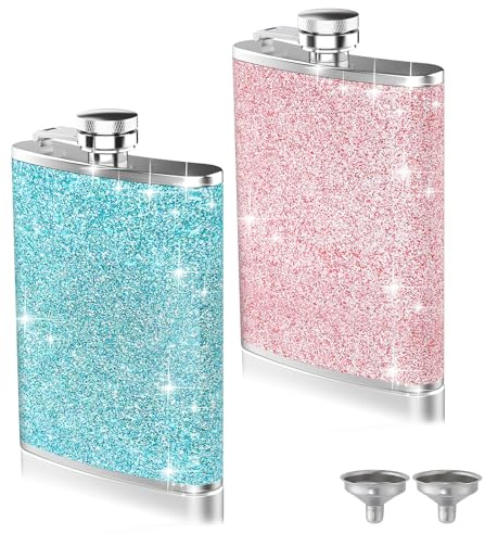 2-Pack 8 Oz Bling Hip Flasks for Liquor, Hianjoo Leakproof Stainless Steel Flasks with Funnel Pocket Flask for Women, Portable Metal Flask for Camping Activity Wedding Party Gift, Pink and Blue
