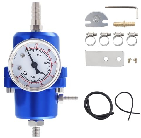 CarBole Regulador de Presión de Combustible para Coche FPR,Manómetro 1-140 PSI,Regulador de Presión de Gasolina,Aleación de Aluminio con Manómetro y Manguera,Azul