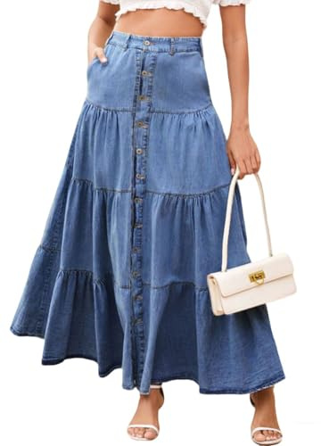 ebossy Women's Tiered Button Down Denim Maxi Skirts High Elastic Waist Pleated Swing A-Line Jean Skirts with Pockets (Small, Blue)