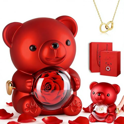 DWcouple Rosen Bär Mit Herz Damen Halskette, Konservierter Rose Bär Ewige Echte Rose Blumen Geschenkbox Geschenke, für Frauen Freundin Mutter Muttertagsgeschenk Weihnachten Valentinstag