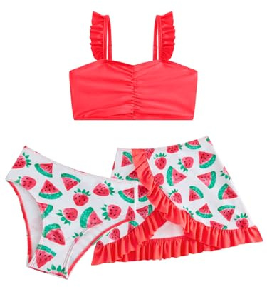 JiAmy Conjunto de tankini para niña, 3 piezas, con falda con volantes, bikini para niños, traje de baño para niños, tirantes ajustables, fresa, sirena, sandía, rosquilla, 4-8 años, Sandía roja, 6-7