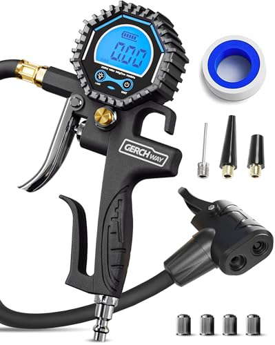 GERCHWAY Digitaler Reifenfüller für Luftkompressor mit Manometer, 0–14 bar | Reifendruckprüfer mit Dualkopf-Ventiladapter für Presta/SV und Schrader/AV, LCD, ±1 % vom Endwert, 4 Einheiten – Fahrrad/Auto