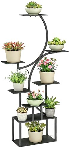 Outsunny Étagère à Fleurs en Métal à 8 Niveaux, Étagère à Plantes en Forme de S 158,5 cm, Support de Plantes, Intérieur et Extérieur, pour Jardin, Balcon, Terrasse ou Coin du Salon, Noir