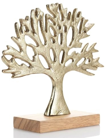 GEEZY Gold Metal Tree Ornament - Abstract Sculpture on Wooden Base - Christmas Nature Statue, Modern Decorative Home Accessories for Living Room Shelf, Bedroom, Mantel & Windowsill