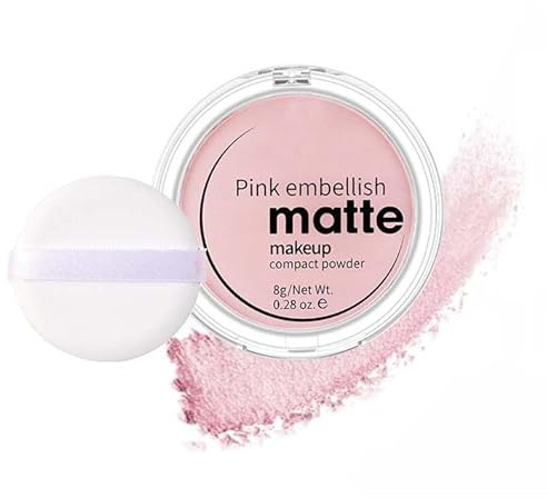 Pink Matte Makeup Compact Powder for Face Brightening & Setting - Lightweight Pressed Powder with Included Puff, Smooth Texture & Soft Matte Finish, 8g Travel-Friendly Case (Pink)