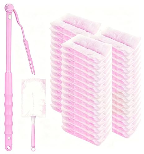 52 Piezas Recambios Plumero Atrapapolvo, Compatible con Swiffer & Otros Dusters, 50 Paños, 2 Asas, Piezas de Microfibra Desechable, para Limpiar Suciedad, Pelo de Animales y Polvo (Rosa)