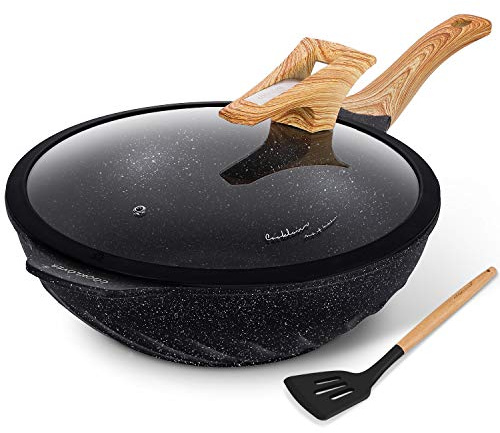 COOKLOVER Nonstick Woks And Stir Fry Pans Die-cast Aluminum Scratch Resistant 100% PFOA Free Induction Wok pan with Lid 12.6 Inch - Black