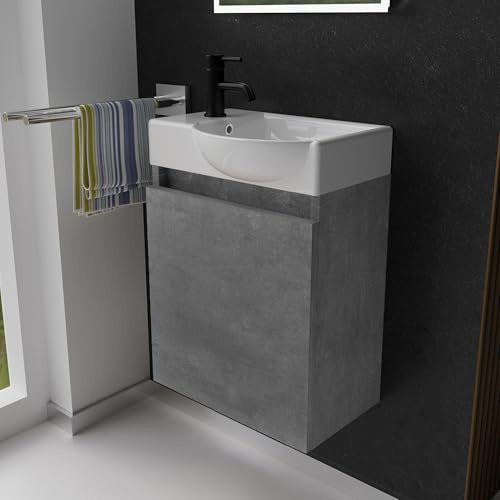 Alpenberger Waschbecken mit Unterschrank Gäste WC 45 cm hängend Grau | Kleiner Waschtisch mit Unterschrank: Keramik & MDF, wandhängend, Softclose Tür, mit Überlauf, für kleine Bäder, Rechts Becken