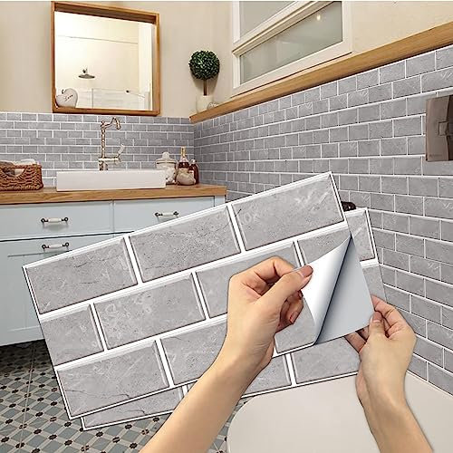 Pegatinas de Baldosas, Adhesivo de Pared Azulejos Adhesivo de Pared PVC Decorativos Adhesivos para Cocina y Baño Ladrillos pared Gris 15 x 30 cm (12 Piezas)
