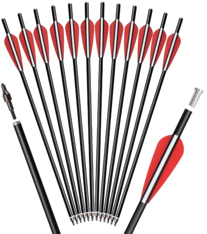ELONG OUTDOOR 12 Pcs Flèches d'arbalète en Fibre de Verre 12 14 16 Flèche de Cible de tir à l'arc de Chasse avec 100 Grain Pointes de flèches Flat Nock
