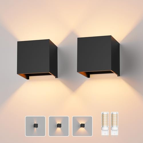 Klighten 2 Stücke Wandleuchte mit Austauschbarer G9 LED Lampe Warmweiß 3000K, Aluminium LED Wandlampe Innen/Aussen Einstellbar Abstrahlwinkel aussenbeleuchtung für Wohnzimmer Garten, Schwarz