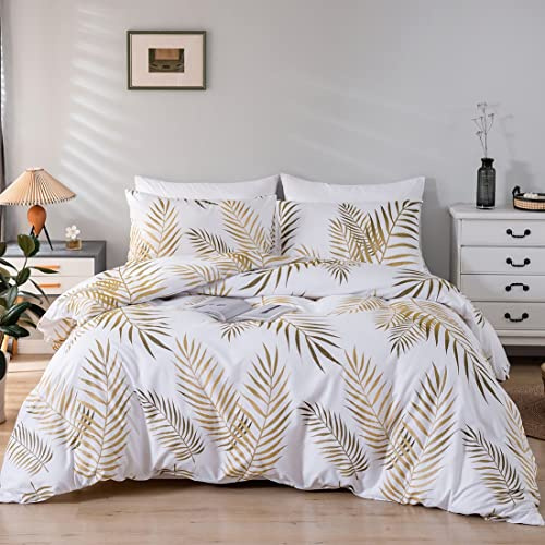Damier Bettwäsche 200x200cm Gold Weiß Blätter Muster Bettbezug Set 3 Teilig Weiche Microfaser Bettdeckenbezug mit Verdecktem Reißverschluss und 2 Kopfkissenbezüge 80 x 80cm, Blätter Motiv