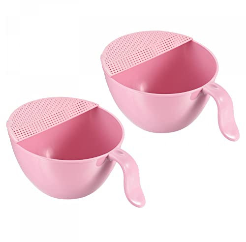 sourcing map Rice Washing Bowl 2PCS, Kitchen Strainer Colander Bowl Drain Basket Wash Strainers for Fruits Vegetables Cleaning, Detachable Colanders Strainers- Pink