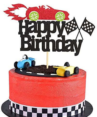 Arthsdite Car Cake Topper Race Car Cake Decorations for Racing Car Checkered Flag-Black Glitter Race Car Cake Topper Happy Birthday Theme Cake Decor