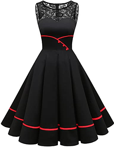 Bbonlinedress Schwarzes Kleid Damen Winterkleid Abendkleider elegant für Hochzeit Jugendweihe Rockabilly Kleider Spitzenkleid Cocktailkleid Konfirmationskleider-2Black L