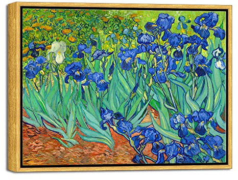 Wieco Art Framed Wall Art Canvas Prints Irises By Van Gogh Famous Flowers Oil Paintings Reproduction Abstract Canvas Prints for Home Living Room Decorations Bronze Gold Frame