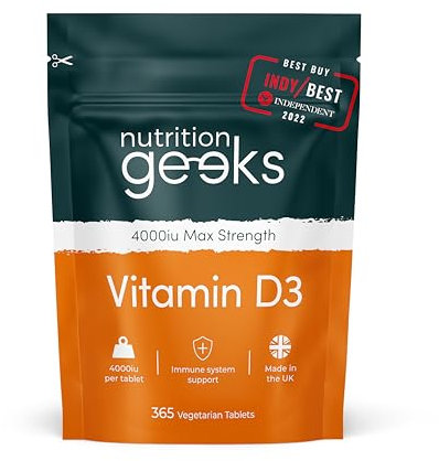 Nutrition Geeks, Vitamin D 4000 iu - 1 Year Supply, 365 Easy-Swallow Tablets Vegetarian D3 iu, High Strength Supplet UK Made VIT & Vitamins Awarded by The Independent
