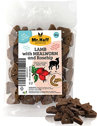 Mr Haff - Hunde Leckerlis mit Lammfleisch, Mehlwürmer und Hagebutte, 80 Gramm, Getreidefrei, Hypoallergen, Diätetisch, Trainingsleckerli für Hunde, Hundeleckerli, Kauartikel