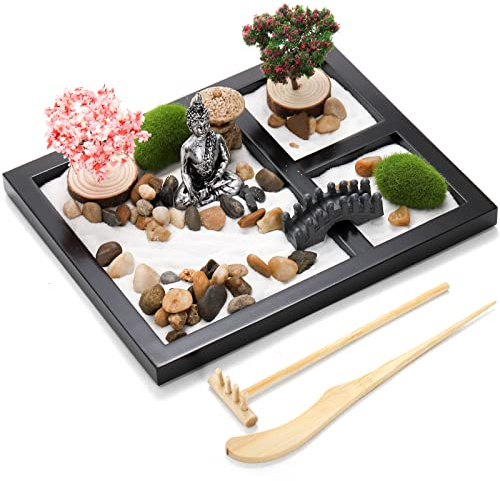 Hiceeden Zen Garden Kit for Desk, 21.5x17.5cm (8.5x7 Inch) Japanese Mini Sand Tray with Bamboo Tools - Meditation Gift Set for Home Office Desk Decor, Mindfulness Relaxation
