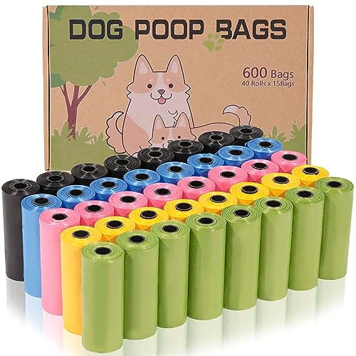 AiTodos® Lot de 600 Sacs à Crottes de Chien, 31 x 23CM, 5 Couleurs: Noir, Bleu, Rose, Jaune, Vert; Matériau en Polyéthylène (40 Rouleaux de 15 Chacun)
