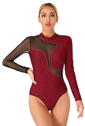 iEFiEL Damen Glitzer Ballettanzug Langarm Turnanzug Patchwork Body mit Strass Ballett Trikot Tanz-Body Gymnastikanzug Burgundy Langarm M