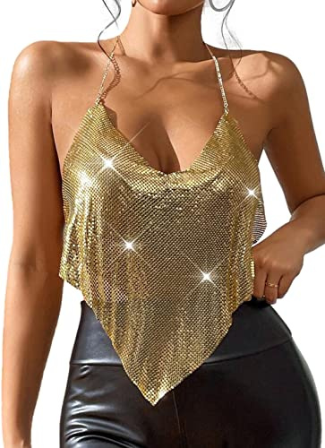 Ella Lust Sexy metallisches Kettenoberteil für Damen – Pailletten-Neckholder, tiefer V-Ausschnitt, rückenfreies Crop-Tanktop